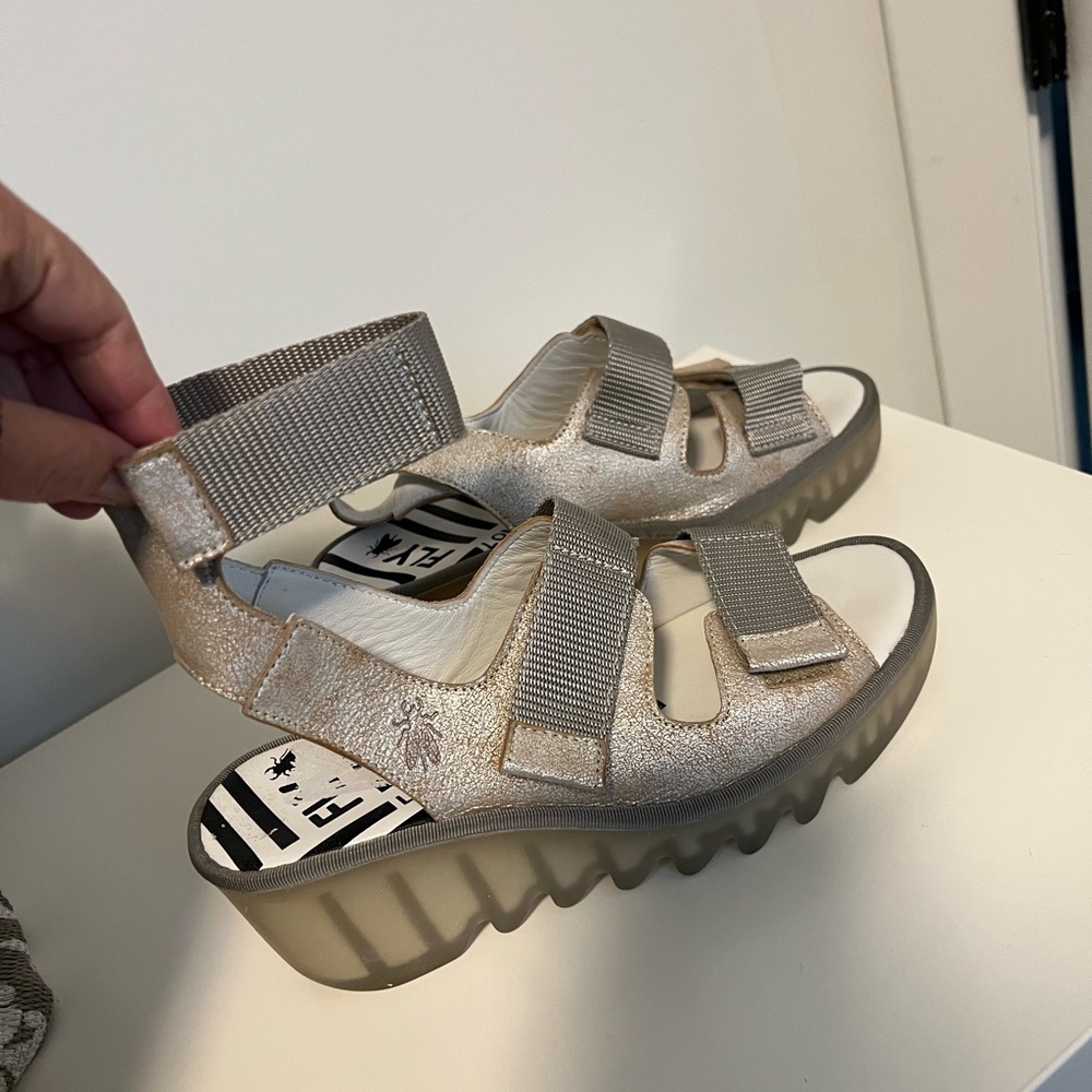 Fly London Metallic Sandals with Velcro Straps